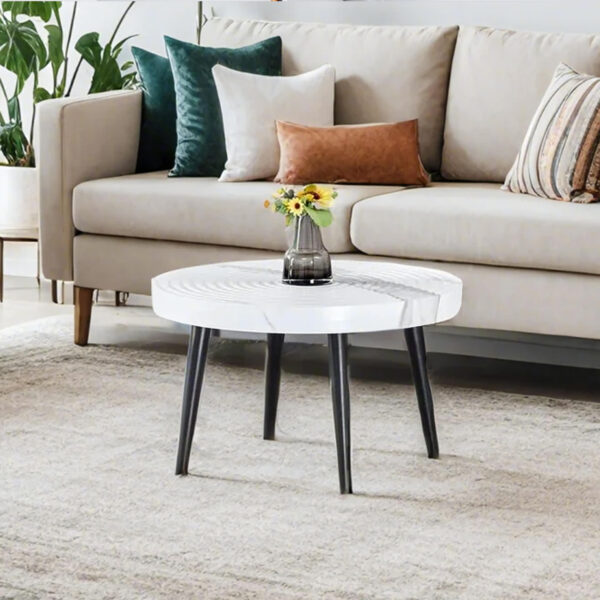 9c411a0d51f3490ea07882aa2a2ea21d_4549fec897af0df3ddae378f77492aa6 Elegant White Marble Pattern Round Coffee Table - Diameter 23.6 Inches, Exquisite Suction Molding Process,White Marble Pattern Design,Black Sprayed Metal Leg.