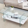 43.3 Inch Modern Two-Tier Coffee Table - An Elegant Combination of Clear Glass and White Marble Pattern.It can be used not only as a coffee table but also as a side table or display stand.
