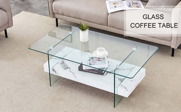 9d23f75f08b941a1bd0055a71254d9ac_d2eda7c331297e22201371138ea8819e 43.3 Inch Modern Two-Tier Coffee Table - An Elegant Combination of Clear Glass and White Marble Pattern.It can be used not only as a coffee table but also as a side table or display stand.
