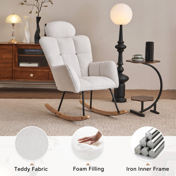 055-Teddy Fabric Upholstered Nursery Rocking Glider Chair Modern Accent Armchair Padded Seat with High Backrest and Pillow for Living Room Bedroom (Ivory)