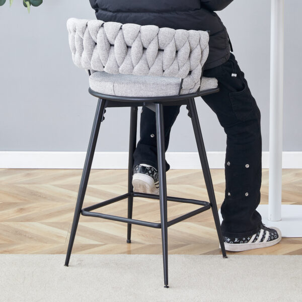 Set of 2 Swivel Bar Stools with Breathable Linen Cushions - Light Gray Seat & Black Iron Frame, Counter Height Stools for Kitchen Island, Dining or Pub