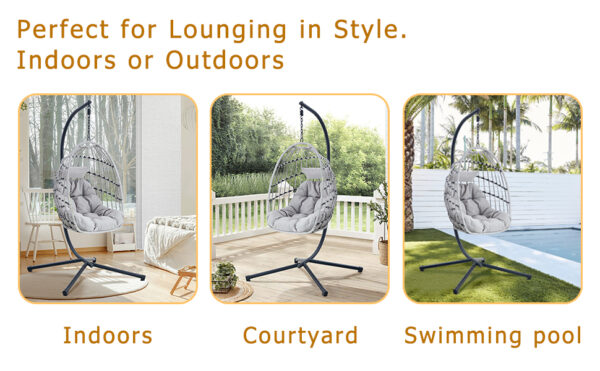GRHeavy-Duty Iron Hanging Chair with Wicker Weave – Single Person Swing for Indoor/Outdoor (Gray)