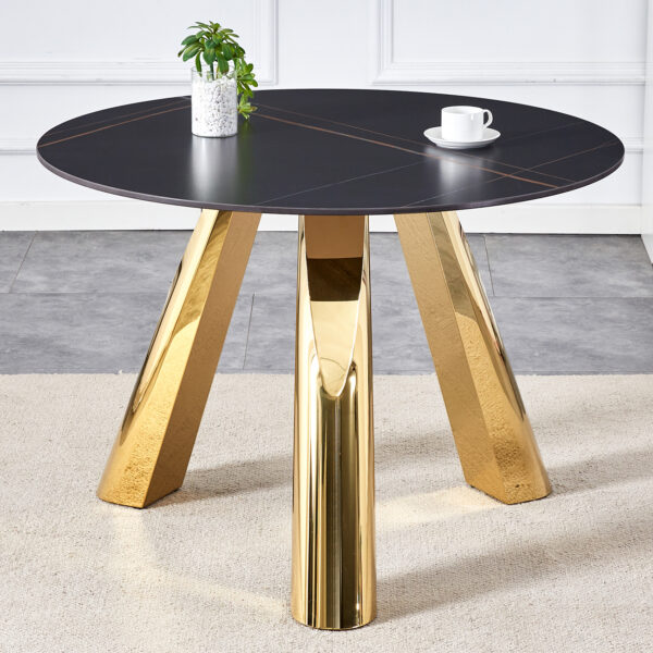 9def61505a9a4e638d3b52db94a0ee6d_92294bd02014da4013308fcbf3a7cc2a The 42-inch stainless steel gold-plated flamed granite round table with seating for 4 or 6 people is perfect for dining, entertaining, or as a conference table