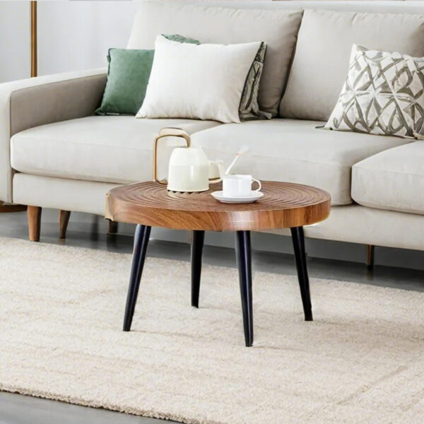 9e1dda678a7646fca659bc3be93e9133_68507b14ebbdad94ee8a5f9b6a769047 Natural Wood Grain Texture Round Coffee Table - Diameter 23.6 Inches.Exquisite Suction Molding Process,Natural Wood Grain Texture,Black Sprayed Metal Leg.