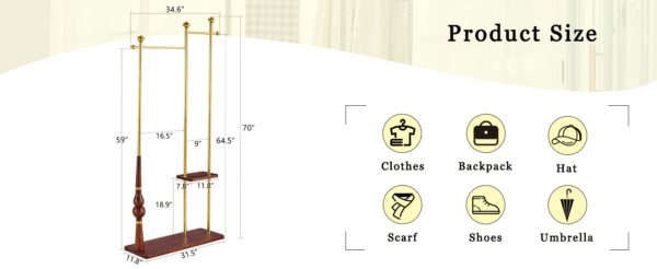 9e2f3d374011483bb03d3d7bdc756f33_c605d30ebdddc10f384d2afe10feabd3 70" Tall Industrial Coat Rack for Entryway, Solid Wood & Stainless Steel Clothing Rack, Double Layer Hanger for Coats, Hats, Bags, Scarves, Shoes Storage, Vintage Wood Grain & Metal, Heavy Duty