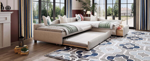 Upholstered Double Twin Size Daybed with Trundle and Drawer, Beige(Expected Arrival Time: 6.27)
