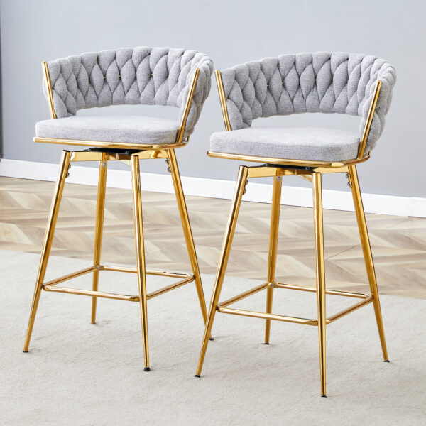 Two sets of swivel bar stools with breathable cotton and linen soft cushions, electroplated metal frames without rust, suitable for restaurant and bar use, as well as for casual seating in living room