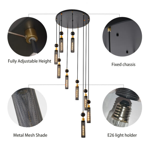 24" Modern Industrial Multi-Light Pendant Chandelier - 9-Light Black and Gold Adjustable Ceiling Light Fixture with Mesh Cylinder Shades for Living Room, Dining Room, or Staircase (Bulb Not Included)