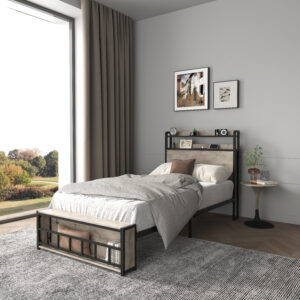 Twin Bed Frames , Headboard and Charging Station & LED Light for Bedroom, Solid and Stable, Noise Free, No Box Spring Needed, Easy Assembly