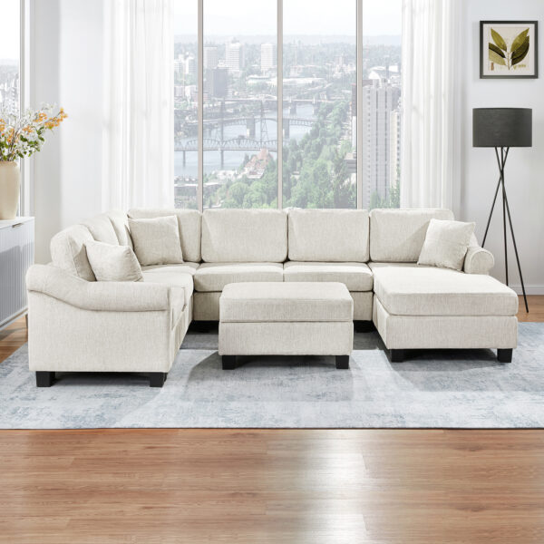 Sectional Sofa 111.8" U-shaped Sofa Chenille Upholstered Sofa Couch with Movable Storage Ottoman for Living Room, White