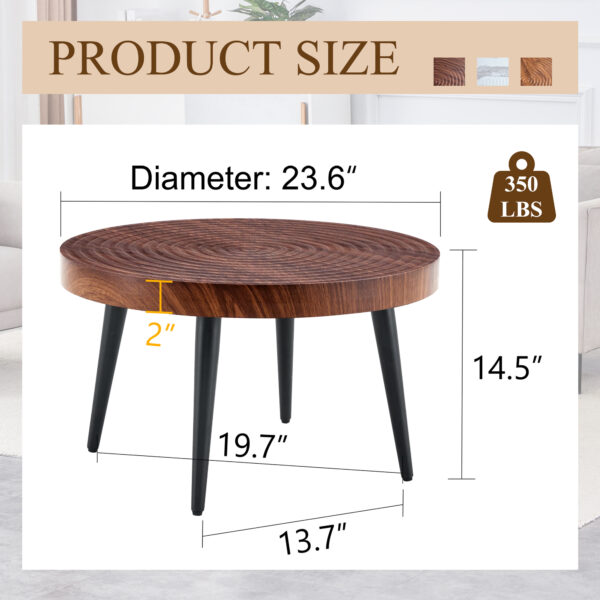 a059c03af8ac40c0b0b07855979f3563_18536300cd36cac43def2fdd6bdac6bf Modern Round Coffee Table - Annular Texture, Durable and Robust With a Diameter of 23.6 inches.Exquisite Suction Molding Process,Walnut Color Pattern Design,Black Sprayed Metal Leg.