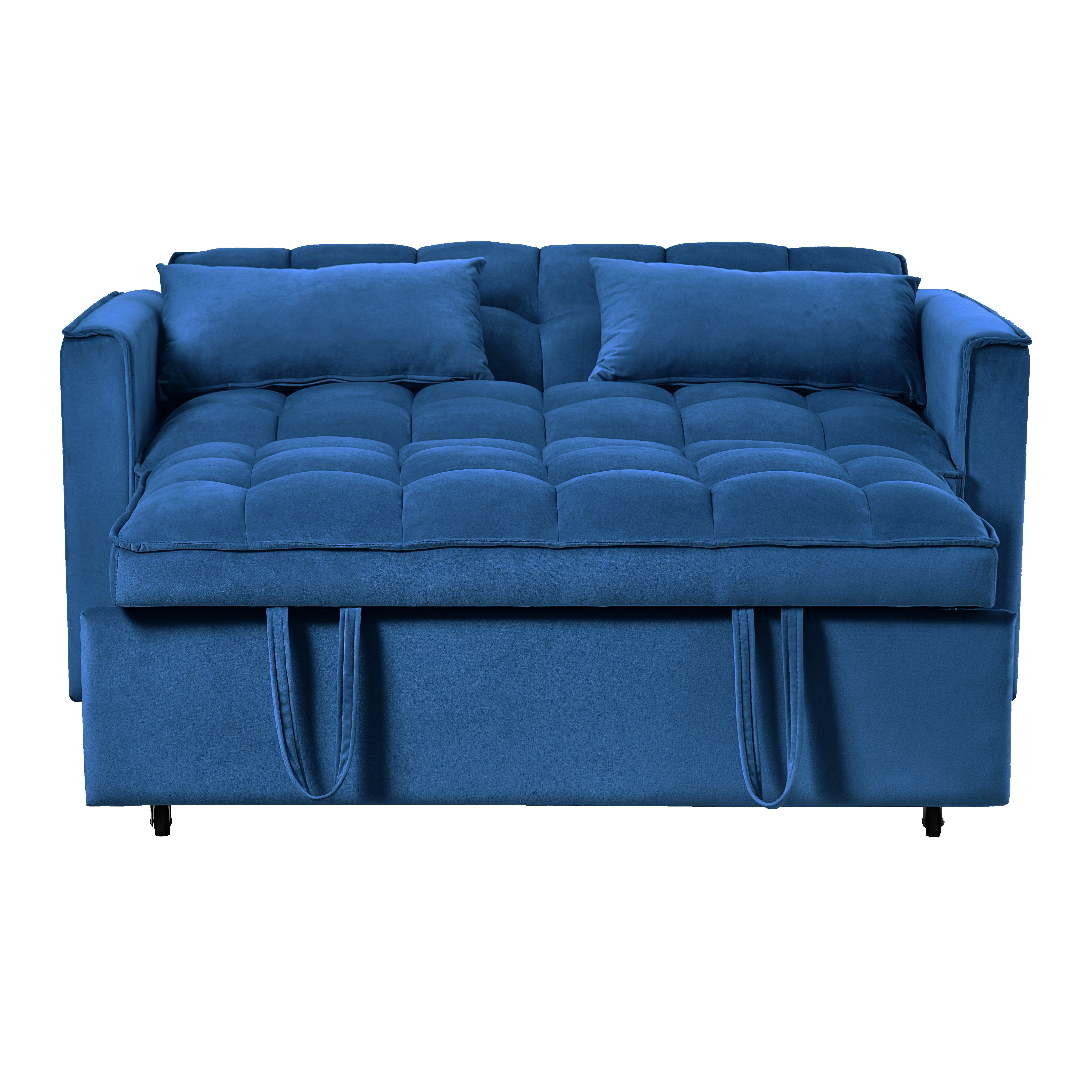 Close-up detailed view of the luxurious blue velvet fabric and elegant square tufted design of the sofa bed