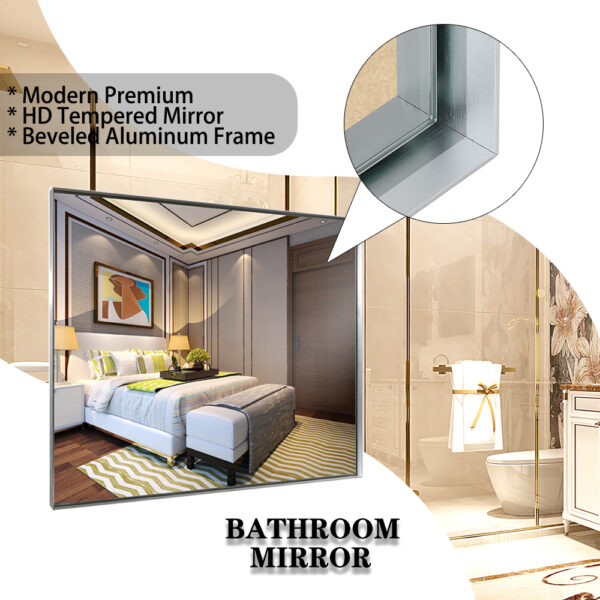 36x24inch Glossy Brushed Silver Framed Mirror For Bathroom Rectangular Wall Bathroom Mirror Metal Frame Farmhouse Mirror Large Decorative Square Corner Rectangle Mirror(Horizontal & Vertical)