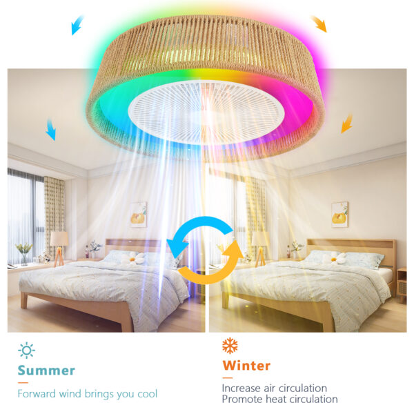 21" Modern Rustic Ceiling Fan Light with LED RGB Mood Lighting, Rope Woven Design, Quiet Fan, Semi Flush Mount for Bedroom, Living Room, or Dining Room ((Silent/6-Speed/Reversible/DC Motor))