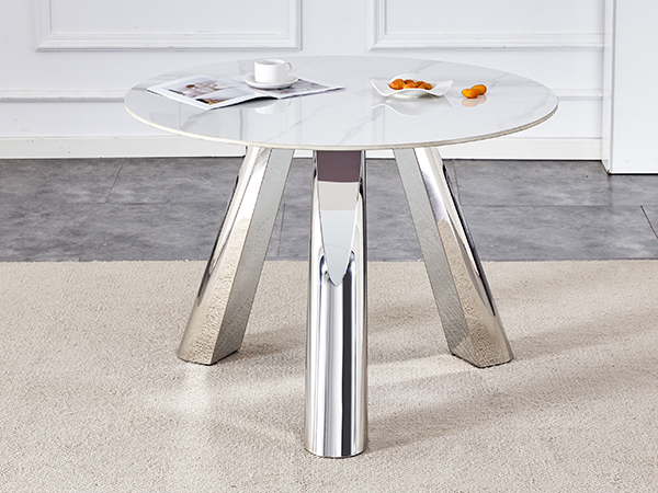a237009e7aec445988e031f102cc5c66_c911a6c091e276ebd8abad246f8e84a2 A 42-inch stainless steel leg round table with a marble top is suitable for use by four or six people