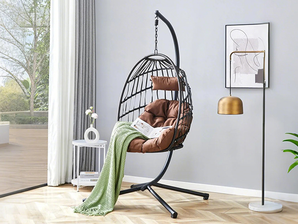 Indoor Outdoor Egg Swing Chair with Stand, Patio Grey Wicker Rattan Hanging Chair with Rope Back, Cushion,Cover,All Weather Foldable Hammock Chair for Bedroom, Porch, Garden