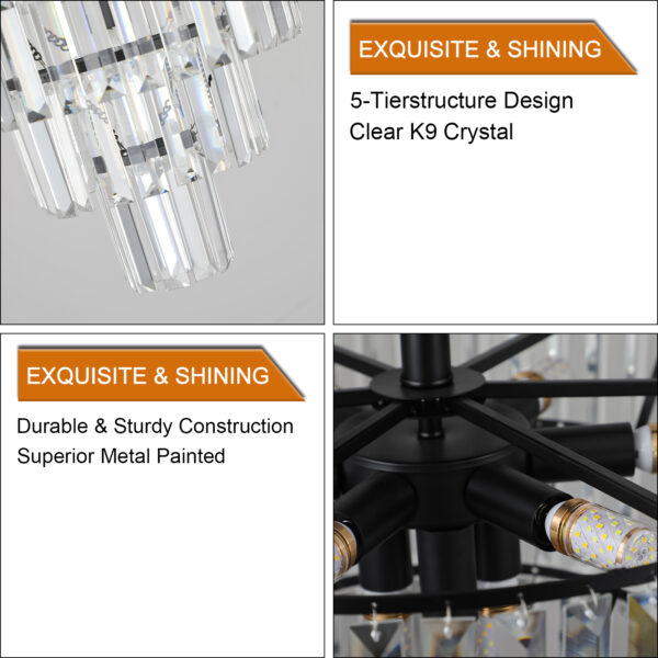(Same as W1340110374/L5011) 20" Black Crystal Chandelier Ceiling Light, Modern Luxury 10-Light Flush Mount Light Fixture, Elegant Home Lighting for Living Room, Dining Room, Bedroom (No Bulbs)
