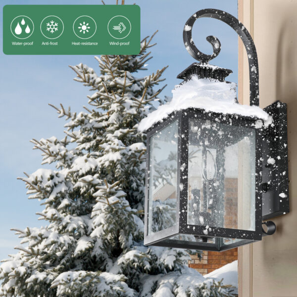 a3def95a1bae446e89852569a583cd03_b6727516979400f4630d4943c85286a7 23"(H) 2-Pack Outdoor Wall Lantern Light – Vintage Black Metal Sconce with Clear Seeded Glass for Porch, Patio, and Garden (Bulb Not Included)