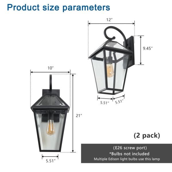 a3f822dd23c144559f913d2b3d147274_5e2776c99206bf8c81278b5001cc31d2 21"(H) 2-Pack Outdoor Wall Lantern Light – Modern Black Metal & Clear Glass Sconce for Porch, Patio, and Garden Lighting (Bulb Not Included)