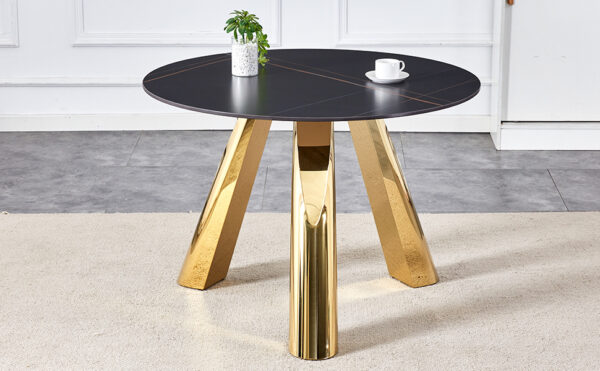 a4519e7b34424ba18c21999b3834ee20_c3e2aaaf61a21892414c6e7ccbd743be The 42-inch stainless steel gold-plated flamed granite round table with seating for 4 or 6 people is perfect for dining, entertaining, or as a conference table