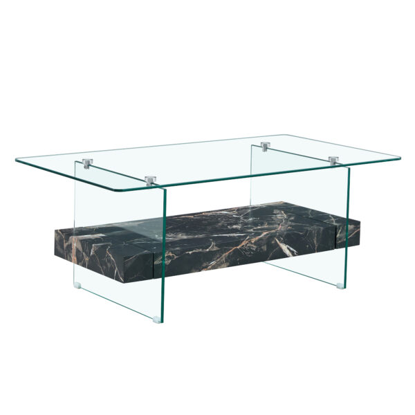 a46fb957547e46fb9a7e4701db9f7d8a_6ea4c0a29e290b31591359878bb39922 43.3 Inch Modern Two-Tier Coffee Table - An Elegant Combination of Clear Glass and Black Marble Pattern.It can be used not only as a coffee table but also as a side table or display stand.