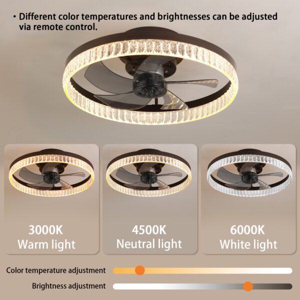 20" Brown Ceiling Fan with LED Light – Modern Flush Mount Fan Light for Bedroom, Living Room, and Home Décor with Crystal Ring Design