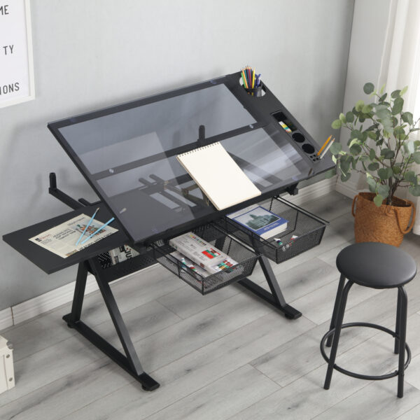 a53d81704f874d1bbd88b677e6d03355_20201119_d0c8e160fb6c8e5b1d60db1a7f9c3a3e black adjustable tempered glass drafting printing table with chair