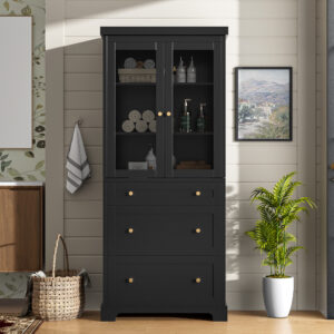 70.1" Modern High Freestanding Tall Bathroom Cabinet with 2 Adjustable Shelves, 3 Drawers, Soft Close Glass Doors – Ideal for Bathroom, Living Room, Kitchen Storage