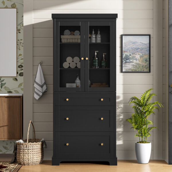 70.1" Modern High Freestanding Tall Bathroom Cabinet with 2 Adjustable Shelves, 3 Drawers, Soft Close Glass Doors – Ideal for Bathroom, Living Room, Kitchen Storage