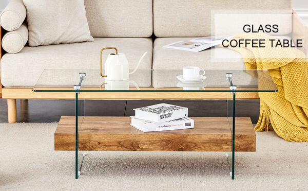 a618f6105a5e4bb79477fbe619d6fa08_7c3845d5e17a9f8b7bdb7ab00b2c1377 43.3 Inch Modern Two-Tier Coffee Table - An Elegant Combination of Clear Glass and Light Wood Texture Sticker.It can be used not only as a coffee table but also as a side table or display stand.