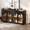 TREXM 4-Door Large Storage Sideboard Buffet Cabinet with Glass Doors, Arched Cabinet with Adjustable Shelves for Kitchen, Dining Room and Living Room (Black)