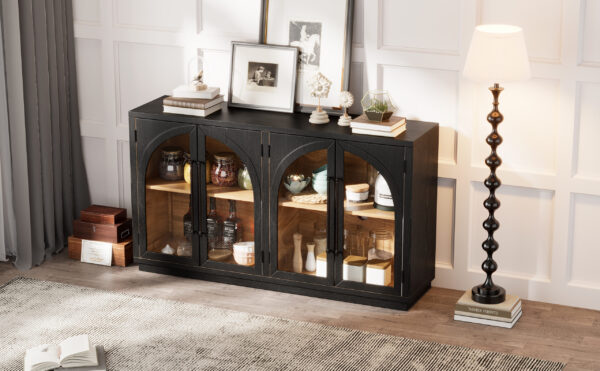 TREXM 4-Door Large Storage Sideboard Buffet Cabinet with Glass Doors, Arched Cabinet with Adjustable Shelves for Kitchen, Dining Room and Living Room (Black)
