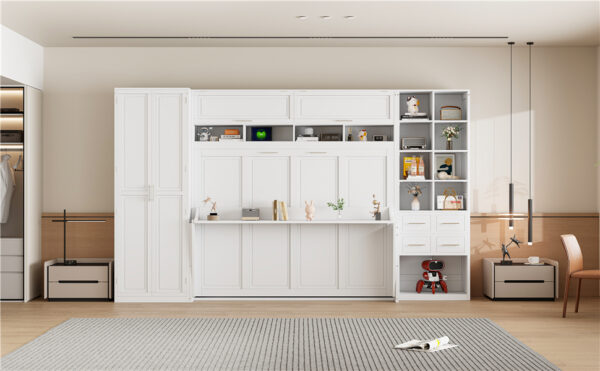 Queen Size Murphy Bed Wall Bed with Closet , Drawers and Shelves, White