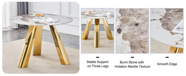 a6acb3459fd744329f8f2b2685c8ea1e_f93aa806e2db233d6b586d9b7b78b1ad A 42-inch stainless steel white pattern burning stone round table with gold legs Round table suitable for 2, 4 or 6 people