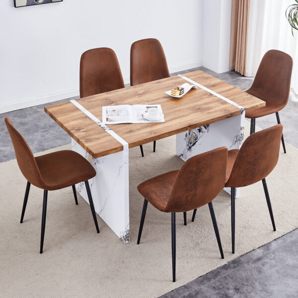 a7d2d319a59b4771a5849a32e5c66851_949875e6582f6a03c9d5a214509d598e Natural Wood Grain MDF Dining Table - 55"x31.5" Stable Design.Suitable For Various Modern Home Decor Styles.Splicing structure design,Wood Textured Desktop,White Marble Patterned Table Legs.