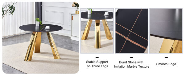 a8c175d30e164968a10135687464e568_ac1fc399a7402ff8c4d840ed42f995ad The 42-inch stainless steel gold-plated flamed granite round table with seating for 4 or 6 people is perfect for dining, entertaining, or as a conference table