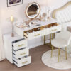 Velvet Upholstered Vanity Desk with Chair, Vanity Set with 5 Big Drawers, Makeup Table with Padded Chair, Marble-Look Sticker Top Dressing Table with Left/Right Adjustable Storage, Beige