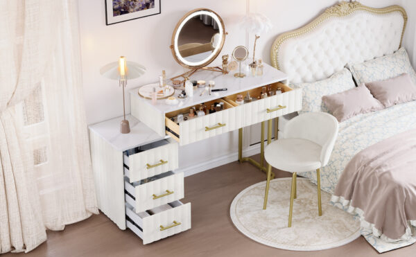 Velvet Upholstered Vanity Desk with Chair, Vanity Set with 5 Big Drawers, Makeup Table with Padded Chair, Marble-Look Sticker Top Dressing Table with Left/Right Adjustable Storage, Beige