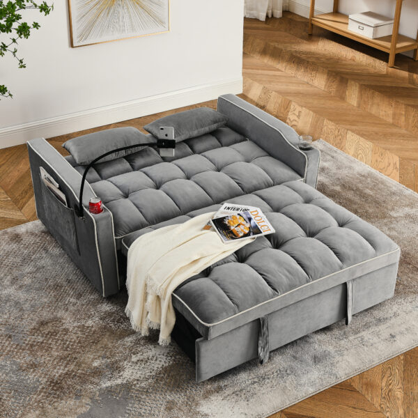 55.51 inch versatile foldable sofa bed in 3 lengths, modern sofa sofa sofa velvet pull-out bed, adjustable back and with USB port and ashtray and swivel phone stand (Grey)