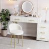 Velvet Upholstered Vanity Desk with Chair, Vanity Set with 5 Big Drawers, Makeup Table with Padded Chair, Marble-Look Sticker Top Dressing Table with Left/Right Adjustable Storage, Beige