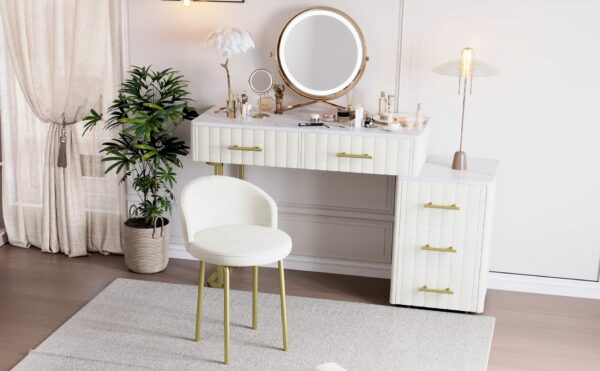 Velvet Upholstered Vanity Desk with Chair, Vanity Set with 5 Big Drawers, Makeup Table with Padded Chair, Marble-Look Sticker Top Dressing Table with Left/Right Adjustable Storage, Beige
