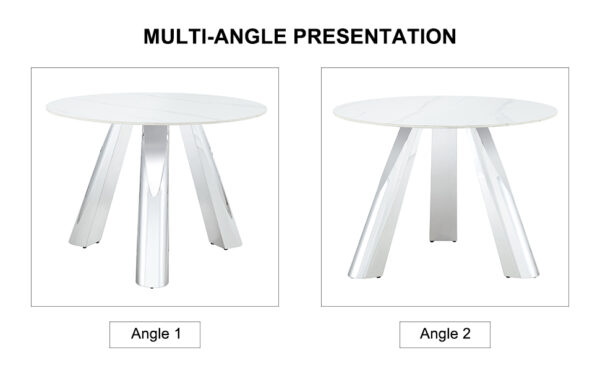 a9d0b2e3e16848358b9c9eddca01558e_d19c020898c6c4f9c5e0ac3bd54143d6 A 42-inch stainless steel leg round table with a marble top is suitable for use by four or six people