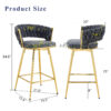Two-piece rotating swivel chair, Dark gray cotton and linen soft seat, golden metal legs, rust-proof and wear-resistant, suitable for restaurant/bar high tables, lightweight single unit