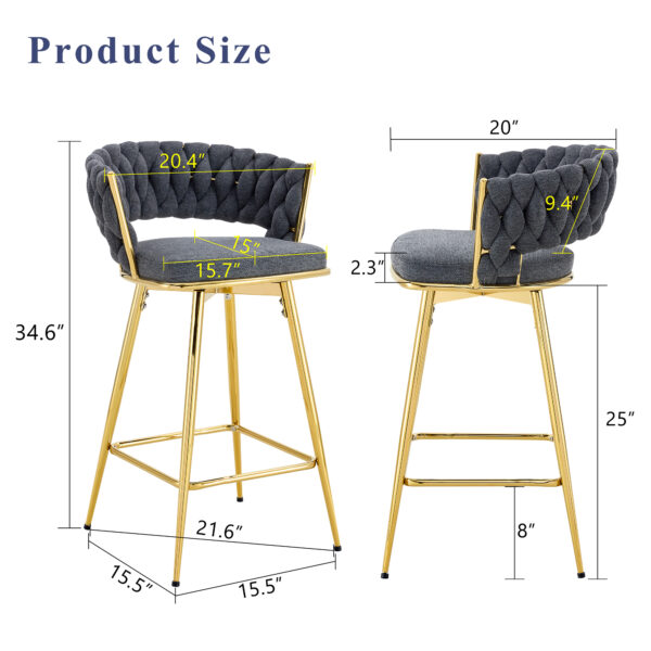 Two-piece rotating swivel chair, Dark gray cotton and linen soft seat, golden metal legs, rust-proof and wear-resistant, suitable for restaurant/bar high tables, lightweight single unit