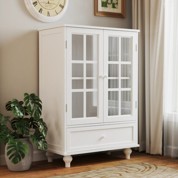 aa6572cb999b45cc8c0126eed05165db_521174e9ddc8a1e8ad425cc1ad7da425 Minimalist White Buffet Cabinet with Double Glass Doors and Drawer, Modern Wooden Storage Sideboard Cupboard for Living room, Dining Room Hallway Entryway