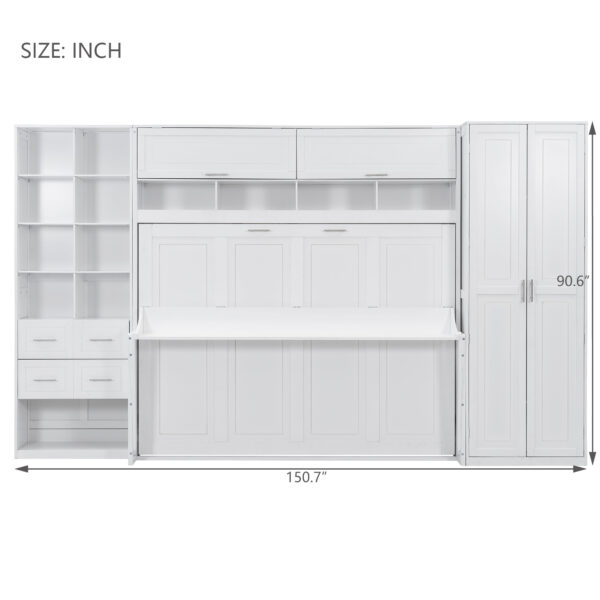 Queen Size Murphy Bed Wall Bed with Closet , Drawers and Shelves, White