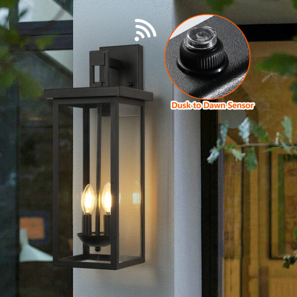 1-Pack 22.0" Outdoor Wall Lantern with Dusk to Dawn Sensor, Matte Black Finish, Clear Glass Panels, Weatherproof Exterior Light for Porch, Patio, Garage, 2-Light Design (Bulb Not Included)