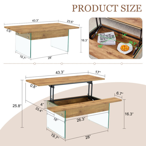 ac15d2acd8aa4d9b9bc63fceea5b4997_3091892f3e99206043ddb1bbff83847e Multifunctional Lift Top Coffee Table -Light Wood Color Grain Sticker, Essential for Modern Homes.Tempered Glass Legs,Lift Top Feature.Perfectly Fitting Into Living Rooms And Office.