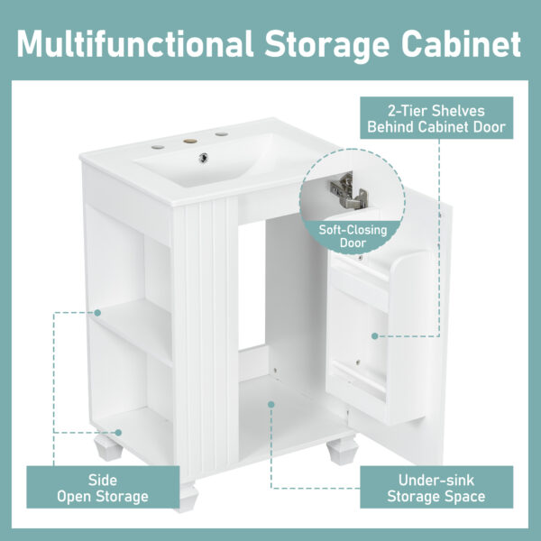 24" Bathroom Vanity with Sink, Bathroom Cabinet with Door Shelf, Side Open Storage, Solid Wood Frame,Soft Closing Door, White