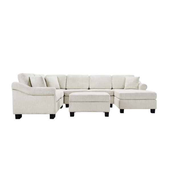 Sectional Sofa 111.8" U-shaped Sofa Chenille Upholstered Sofa Couch with Movable Storage Ottoman for Living Room, White